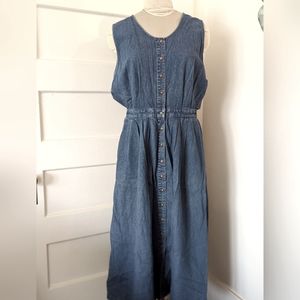 Eddie Bauer Denim Blue Jean Sleeveless shirt Dress L 80s 90s Buttondown POCKETS
